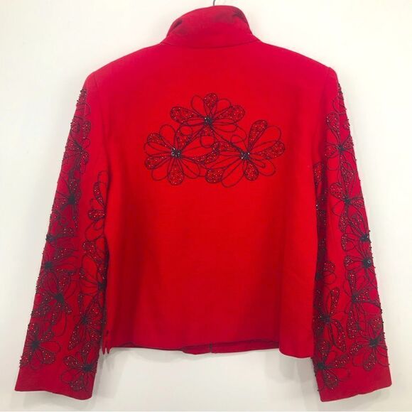 ANAGE Red Black Bead Embroidered Floral Design Holiday Statement Jacket NEW - Picture 7 of 16